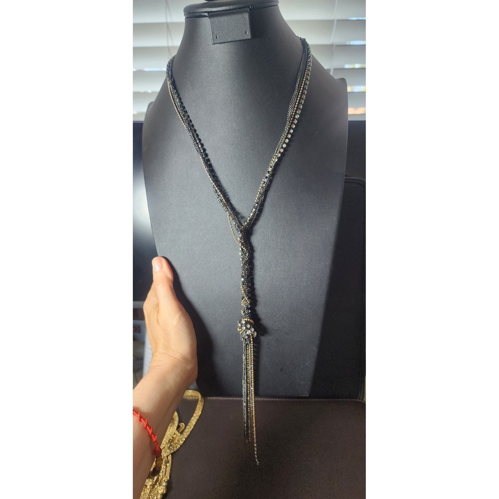 Mixed Metal Rhinestone Multi Strand Lariat‎ Tassel Necklace Gunmetal Gold Silver